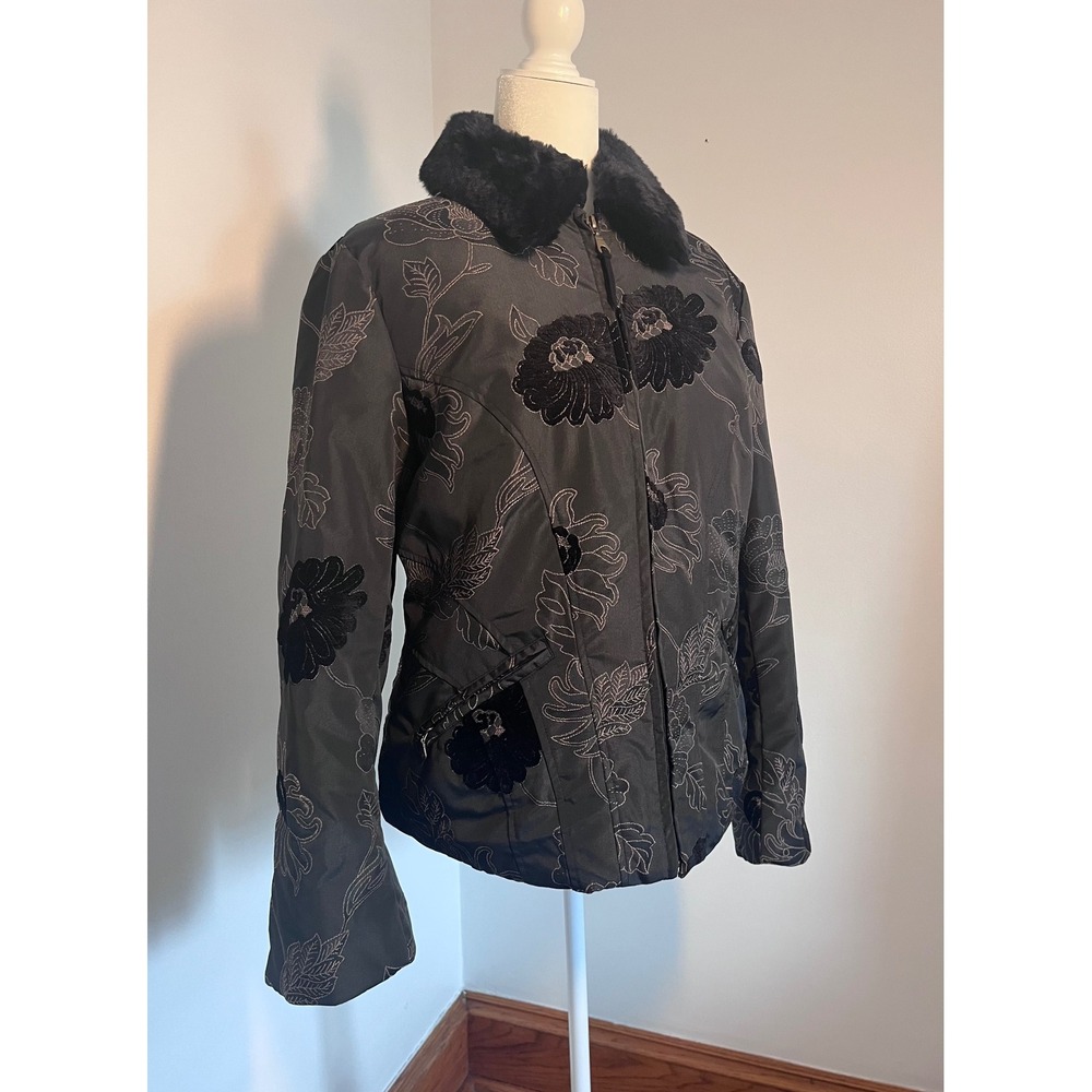 Y.B.C. Quilted Down Jacket Women Large Black Floral Chenille Vintage Y2K Puffer
